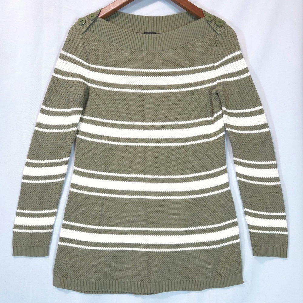 Talbots Striped Knit Sweater Womens S Olive Green White Boatneck Layering Office